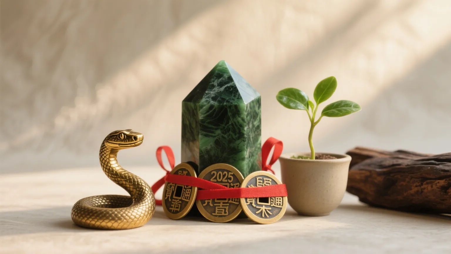 A harmonious flat-lay of Feng Shui 2025 elements for the Year of the Wood Snake, including a green crystal, brass snake, and Chinese coins.